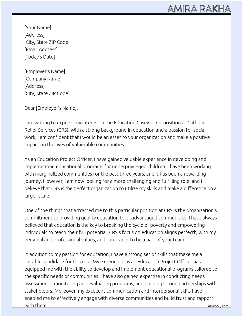 Education Caseworker  At Catholic Relief Services (CRS) Cover Letter