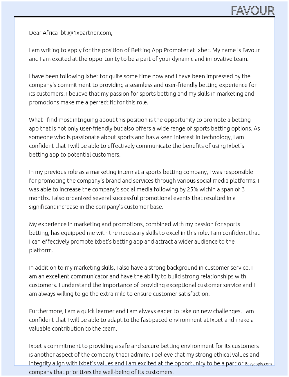 Betting app promoter At Ixbet Cover Letter