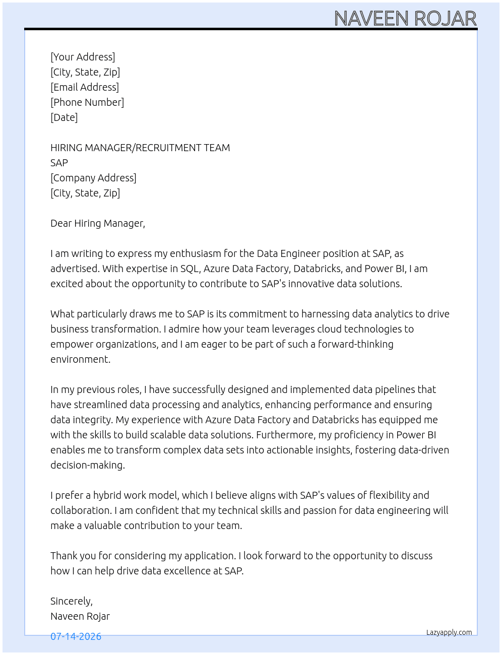 DATA ENGINEER At SAP Cover Letter