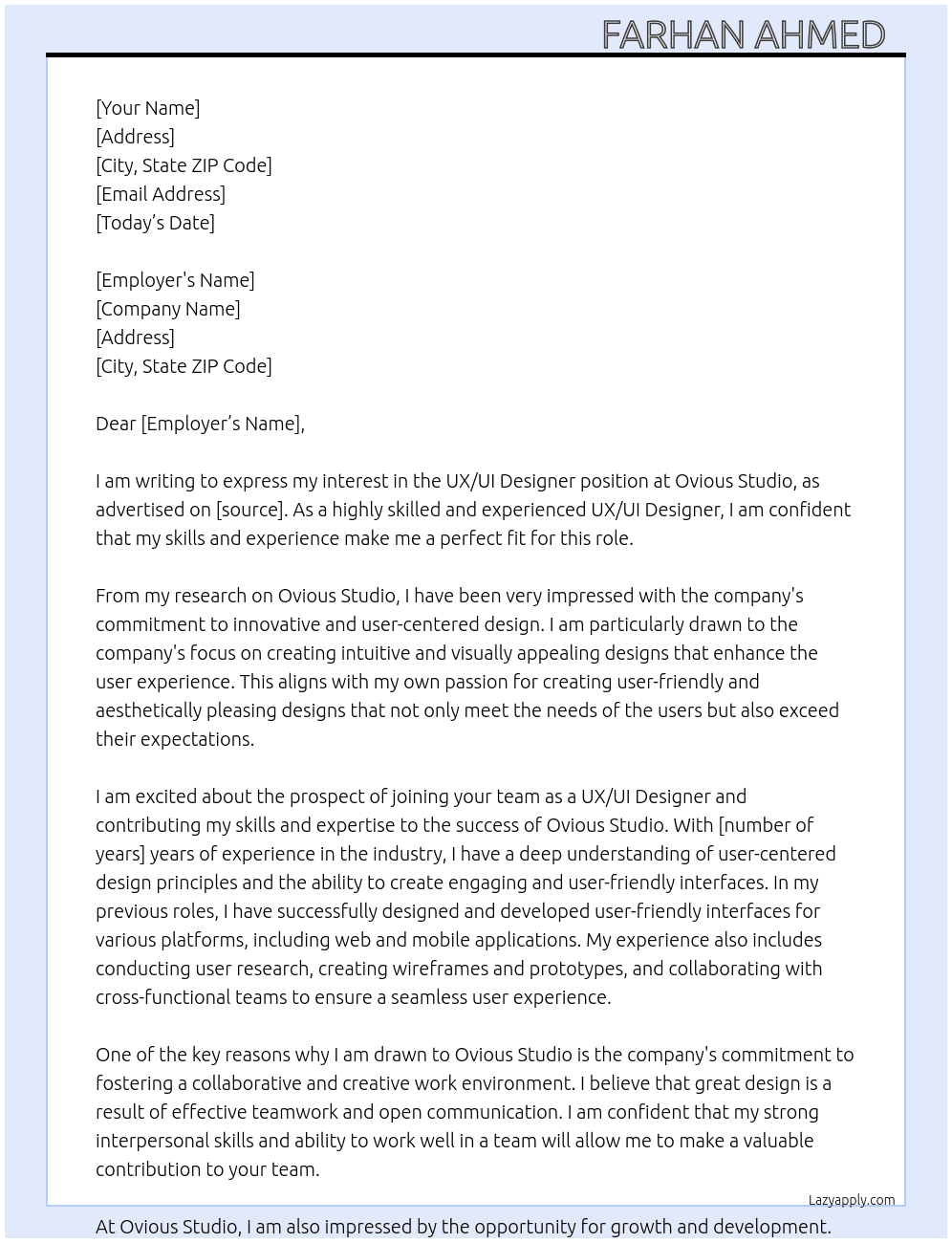 ux/UI DESIGNER  At Ovious Studio Cover Letter