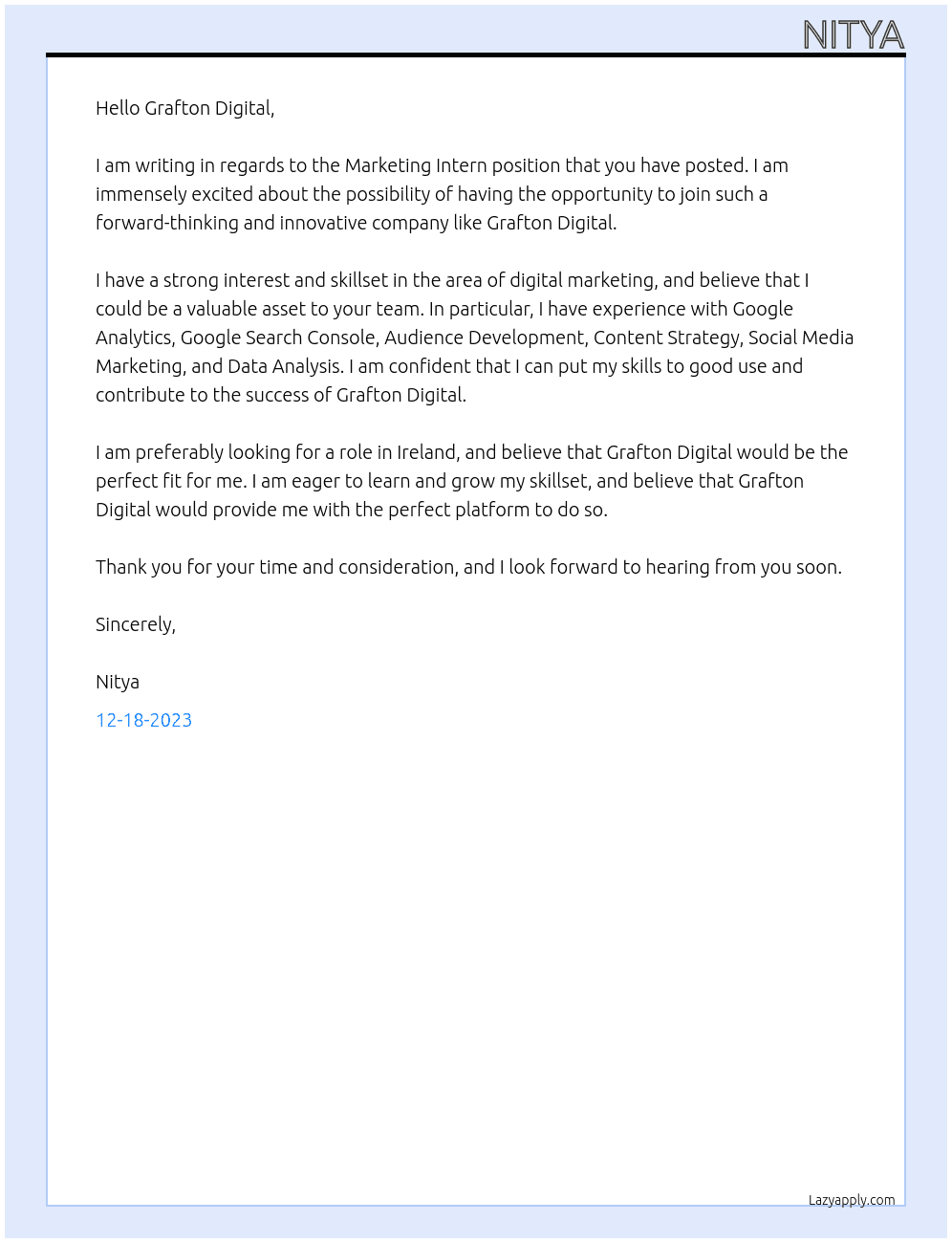 Marketing Intern At Grafton Digital Cover Letter