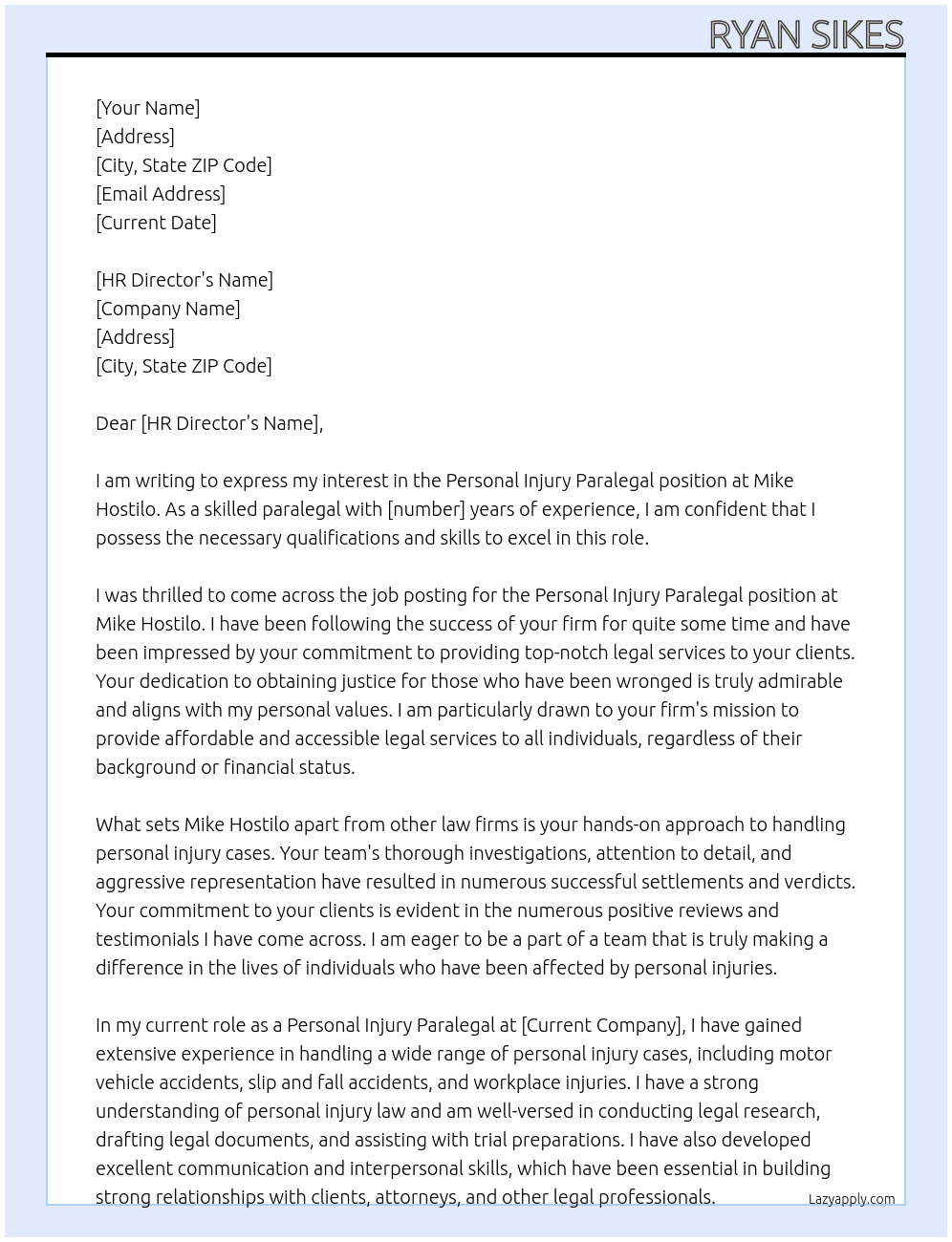 Personal Injury Paralegal At Mike Hostilo Cover Letter