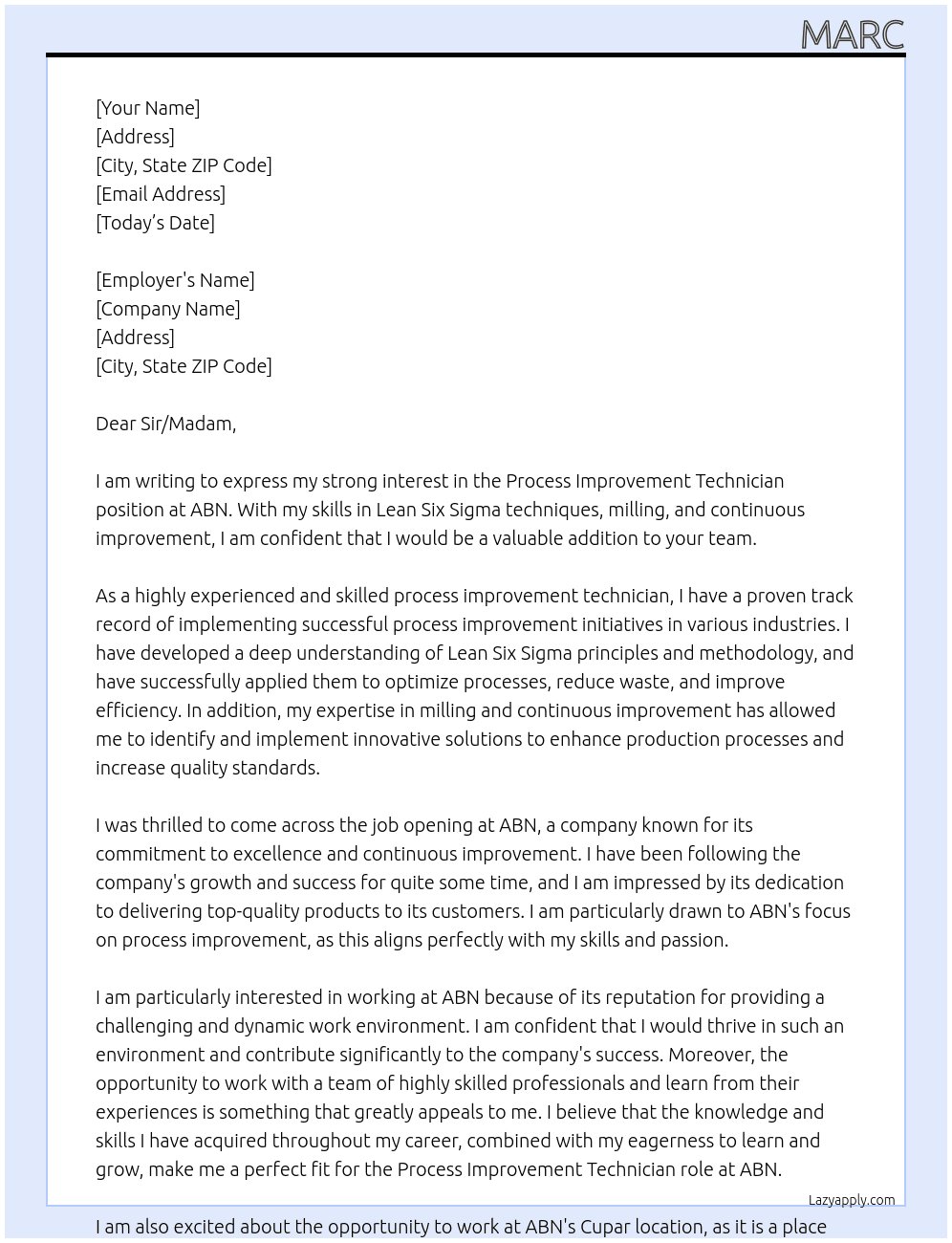 Process improvement technician At ABN Cover Letter