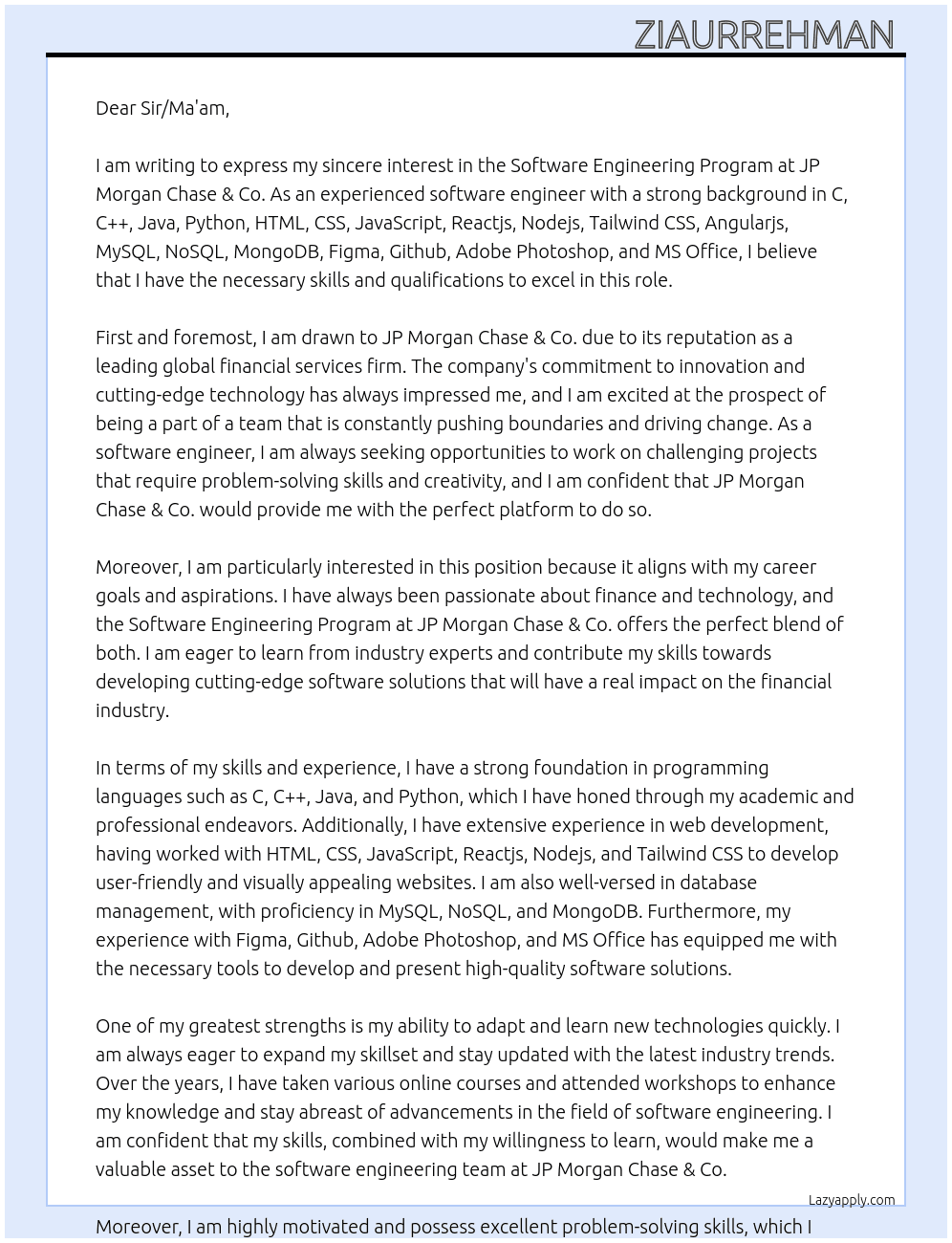 Software Engineering Program  At JP Morgan Chase & Co. Cover Letter