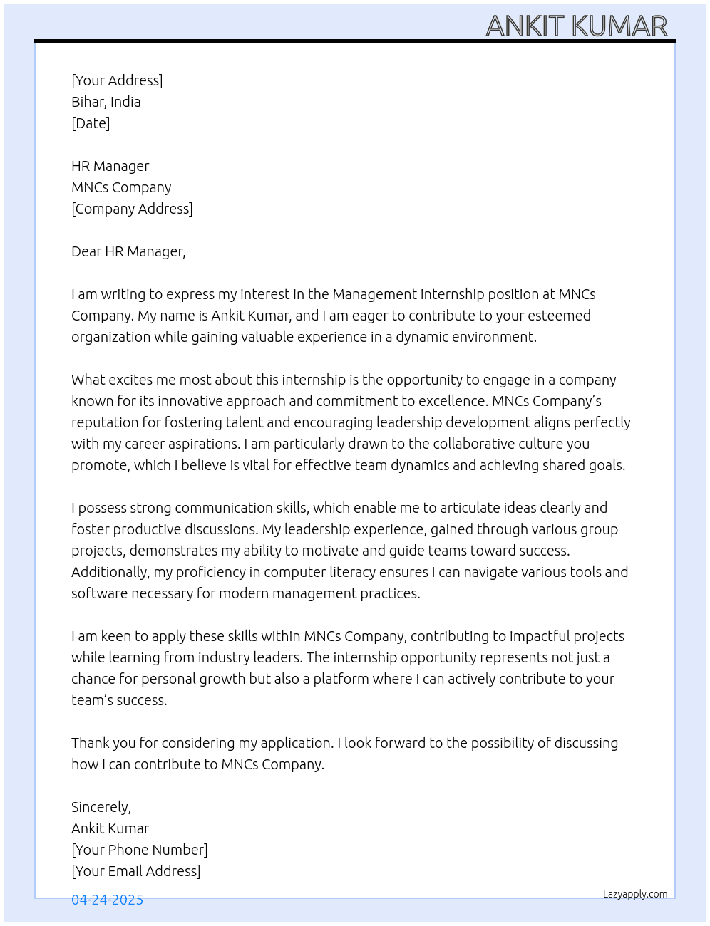 Management  At MNCs company  Cover Letter