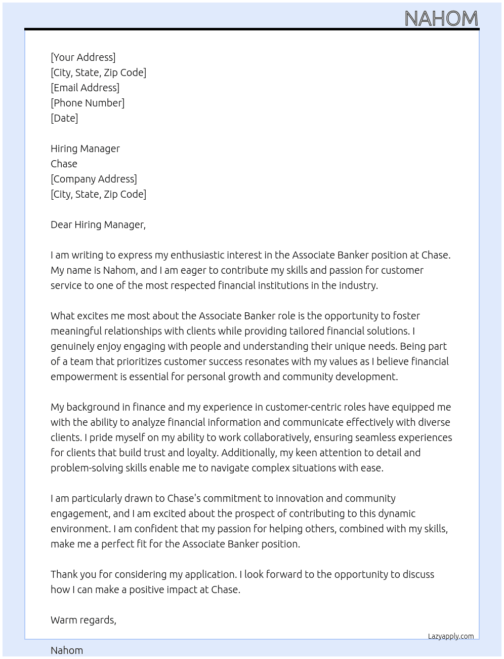 Cover letter for assosciate banker - LazyApply