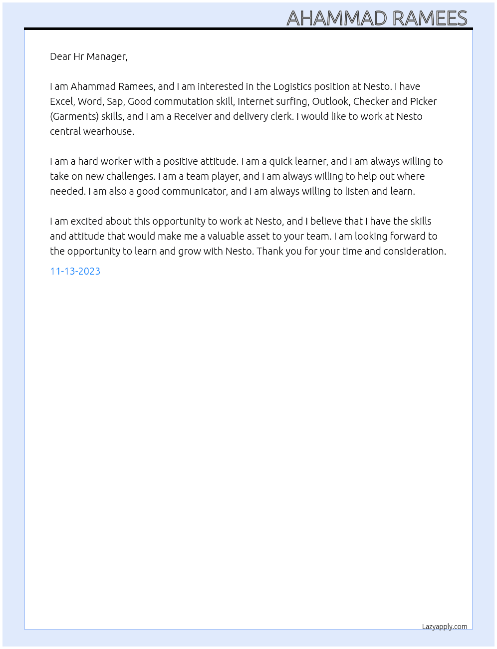 Logistics  At Nesto  Cover Letter