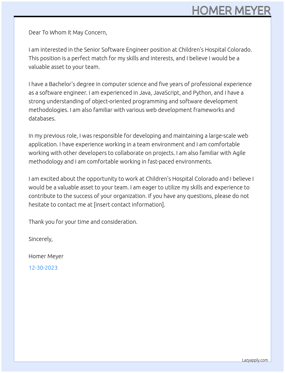 Senior Software Engineer At Children's Hospital Colorado Cover Letter