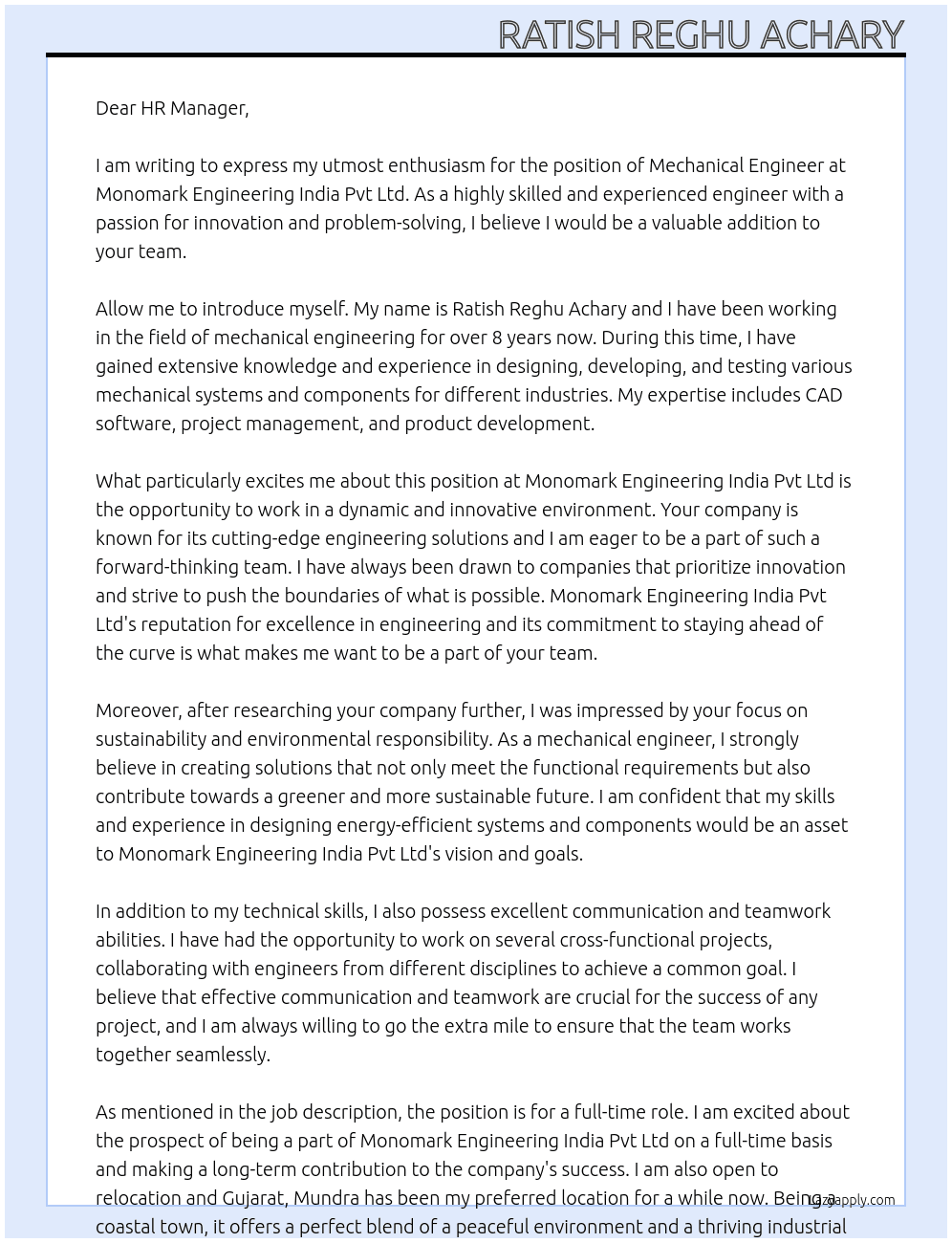 Mechanical Engineer  At Monomark engineering India Pvt ltd Cover Letter