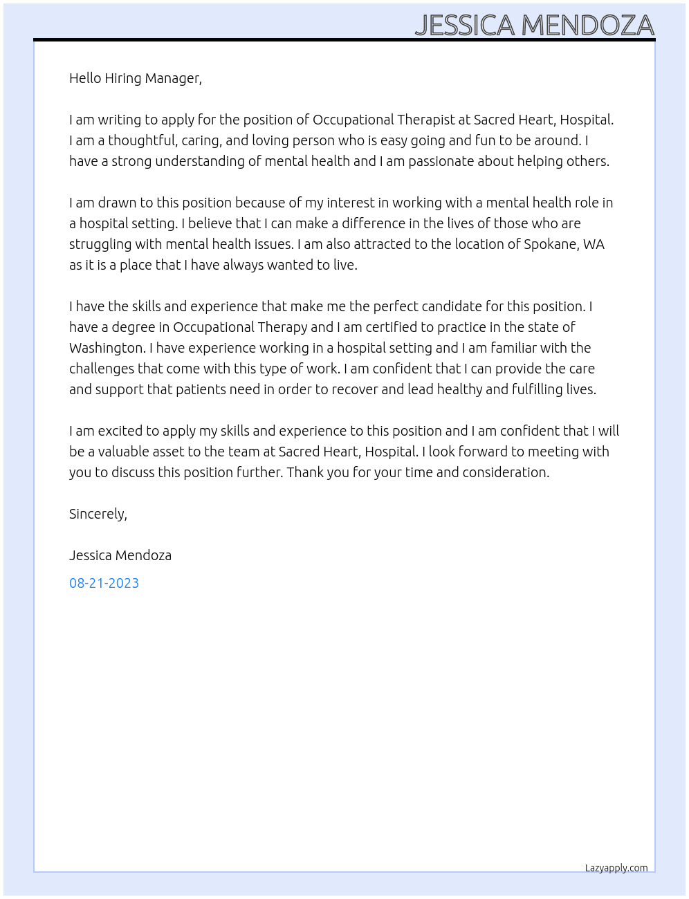 Occupational Therapist At Sacred Heart, Hospital Cover Letter