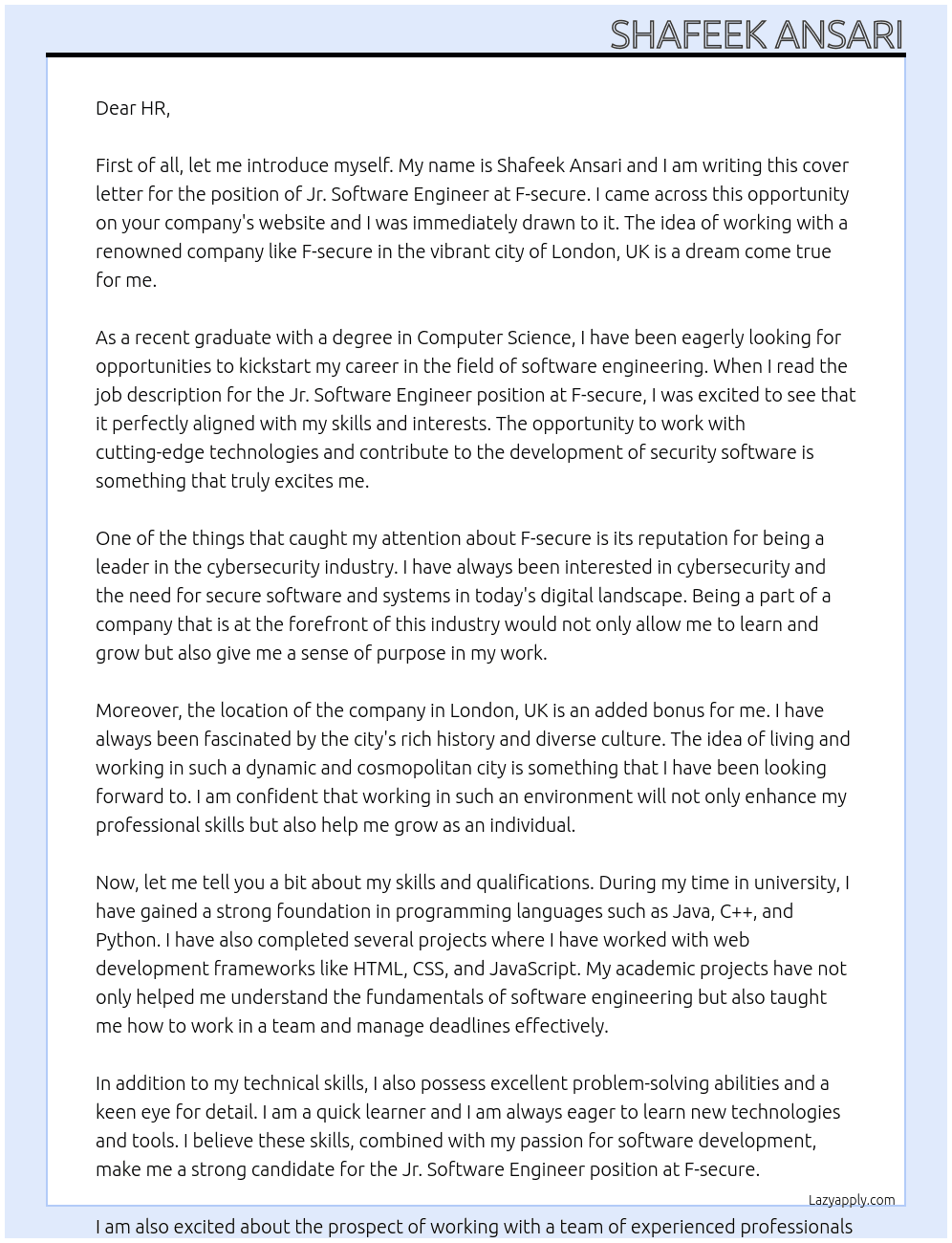 jr. Software Engineer[FRESHER] At F- secure Cover Letter