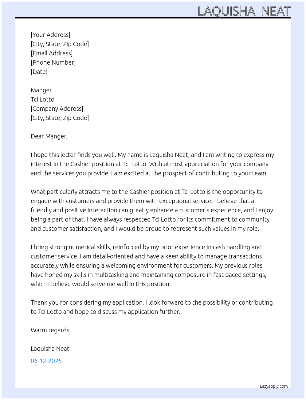 Cashier  At Tci lotto  Cover Letter