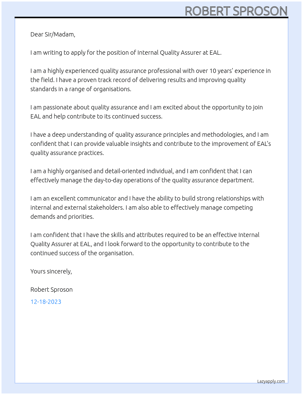 Internal Quality Assurer At EAL Cover Letter