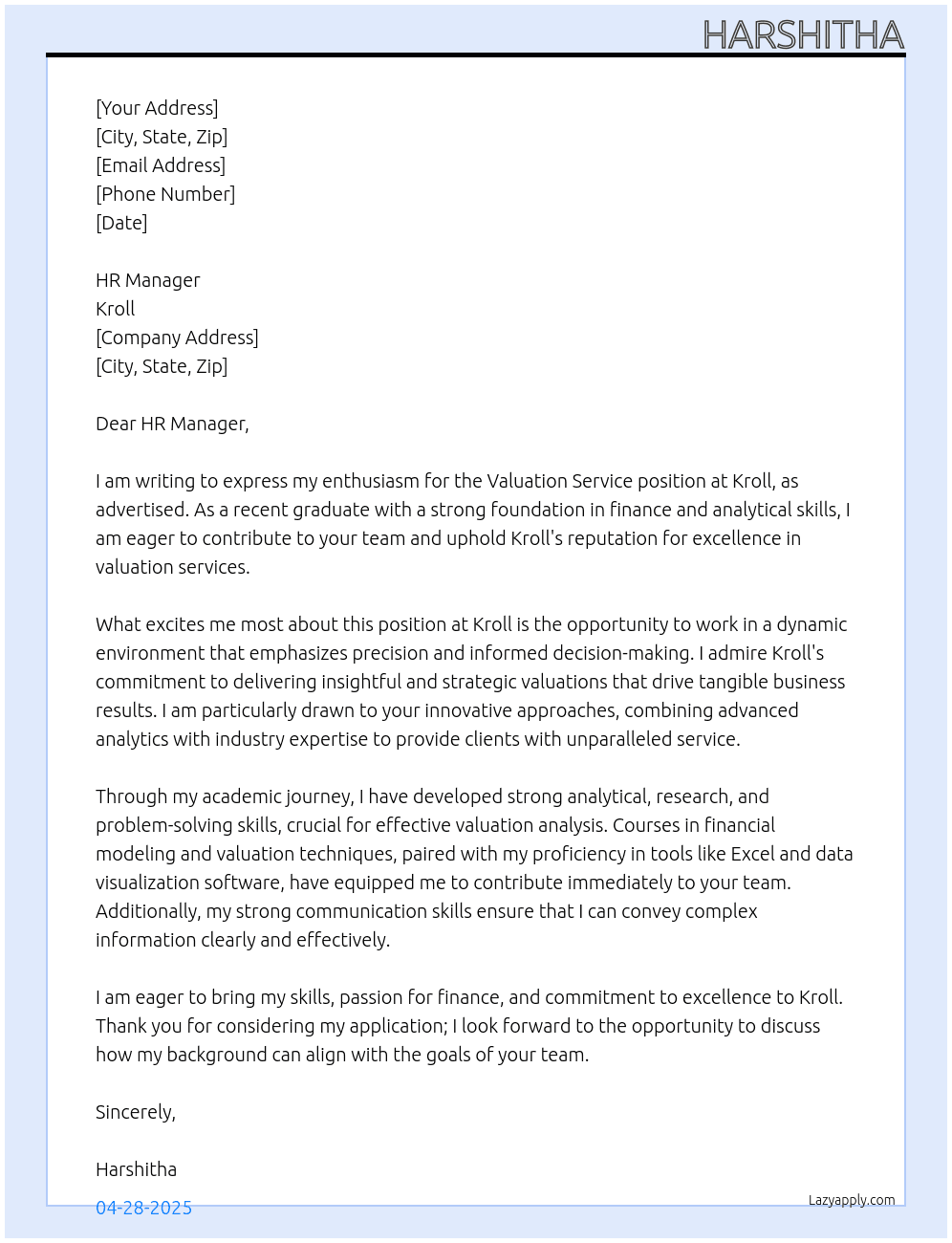 Cover letter for valuation service - LazyApply