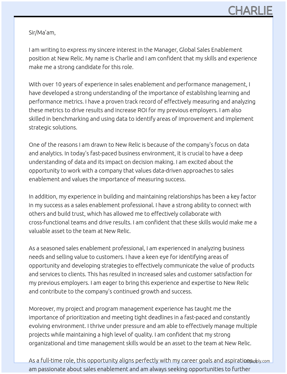 Manager, global sales enablement At New Relic Cover Letter