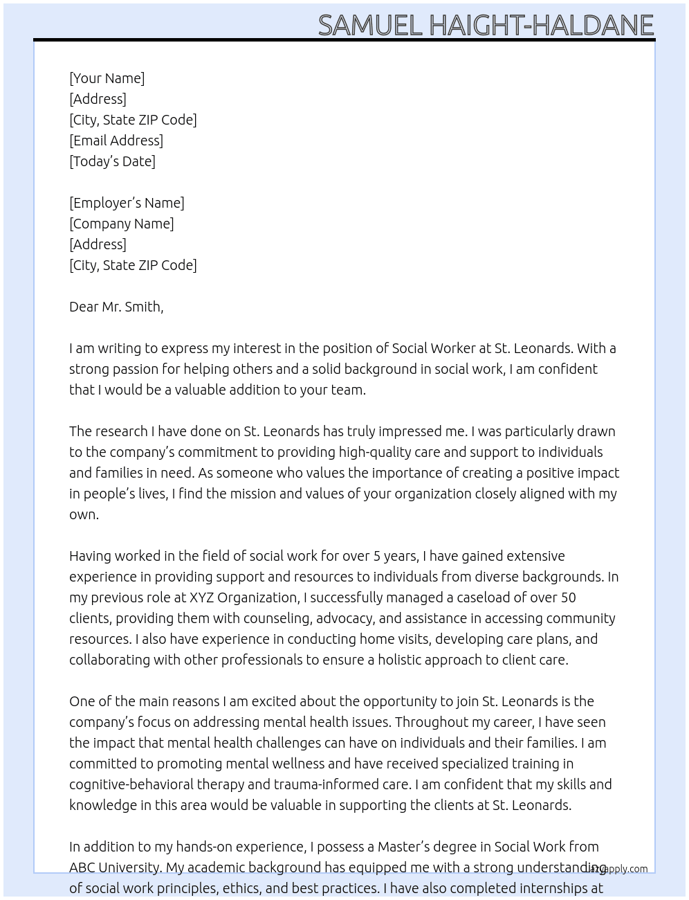 social worker At St.leonards Cover Letter