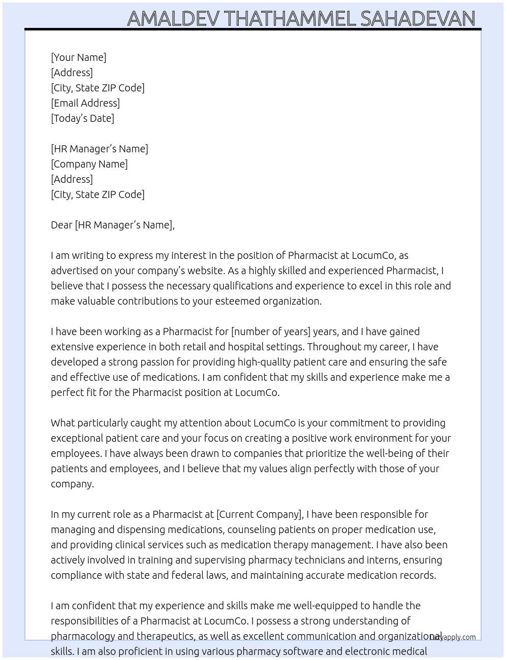 PHARMACIST At LocumCo Cover Letter