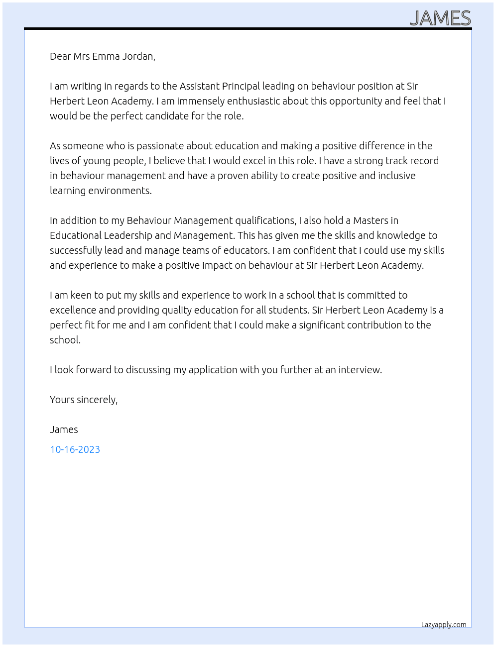 Assistant Principal leading on behaviour  At Sir Herbert Leon Academy Cover Letter