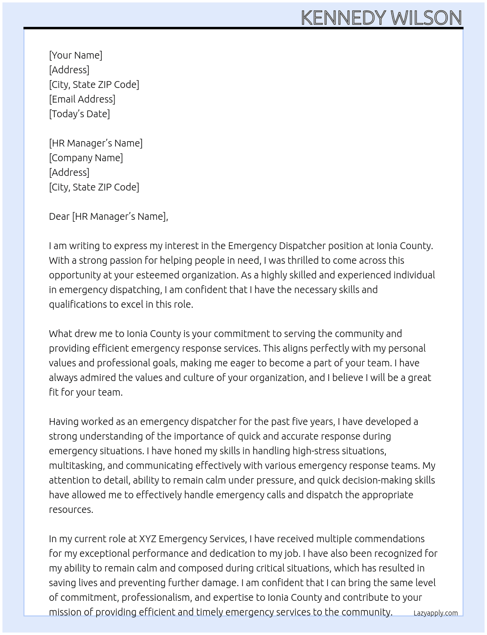 Emergency dispatcher  At Ionia County  Cover Letter