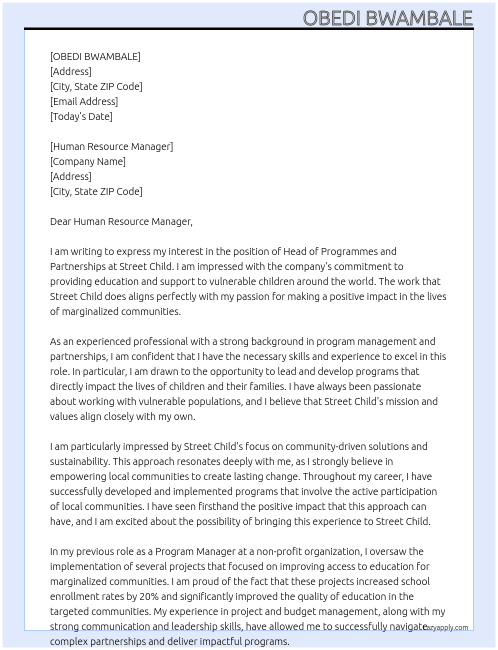 Head of Programmes and Partnerships At Street Child Cover Letter