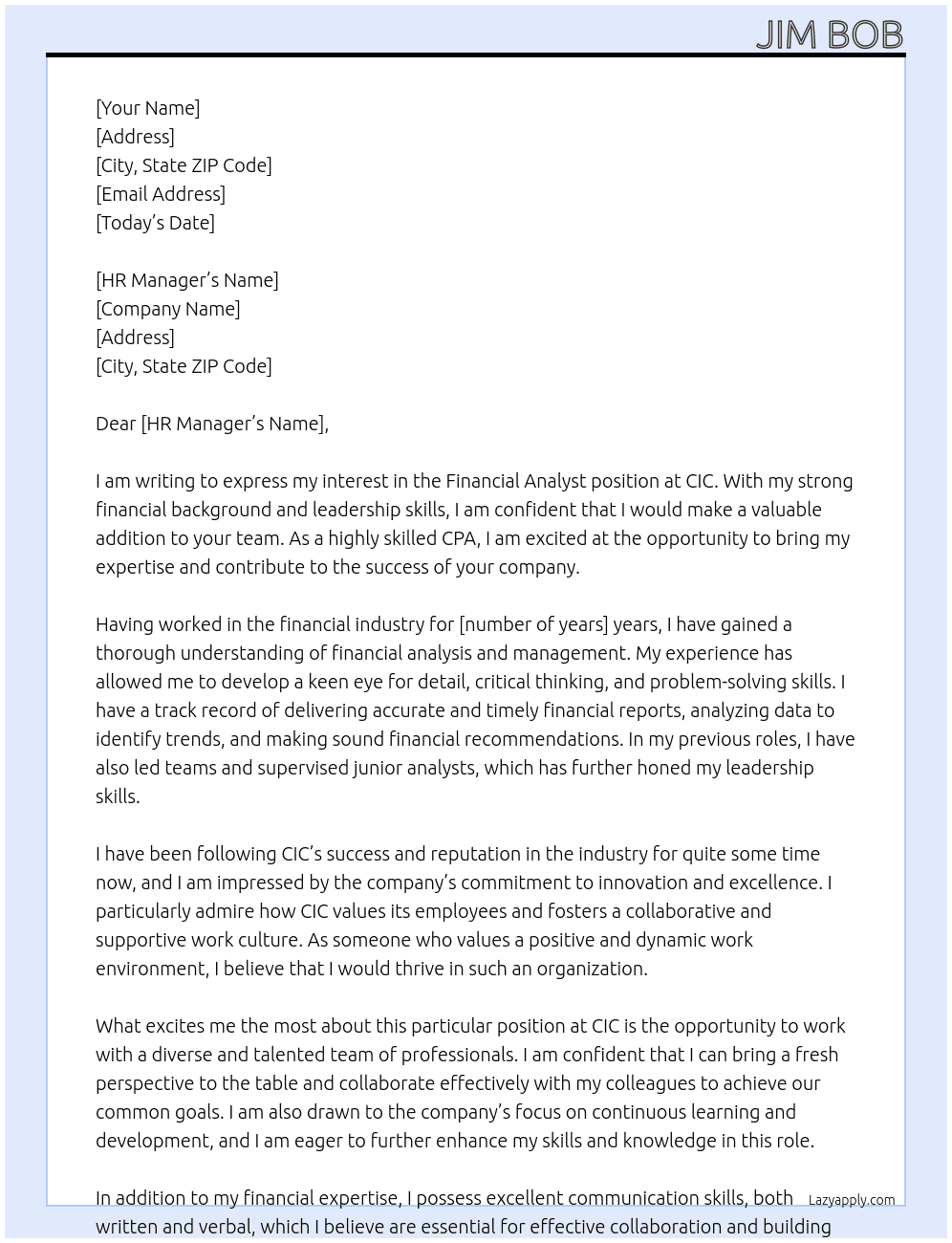 Financial Analyst At CIC Cover Letter