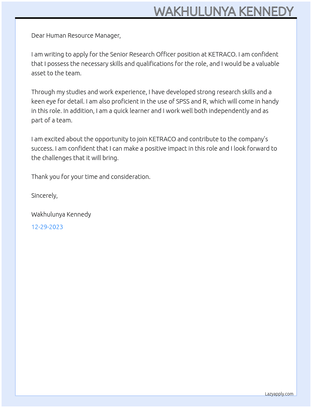 Senior Research Officer  At KETRACO Cover Letter