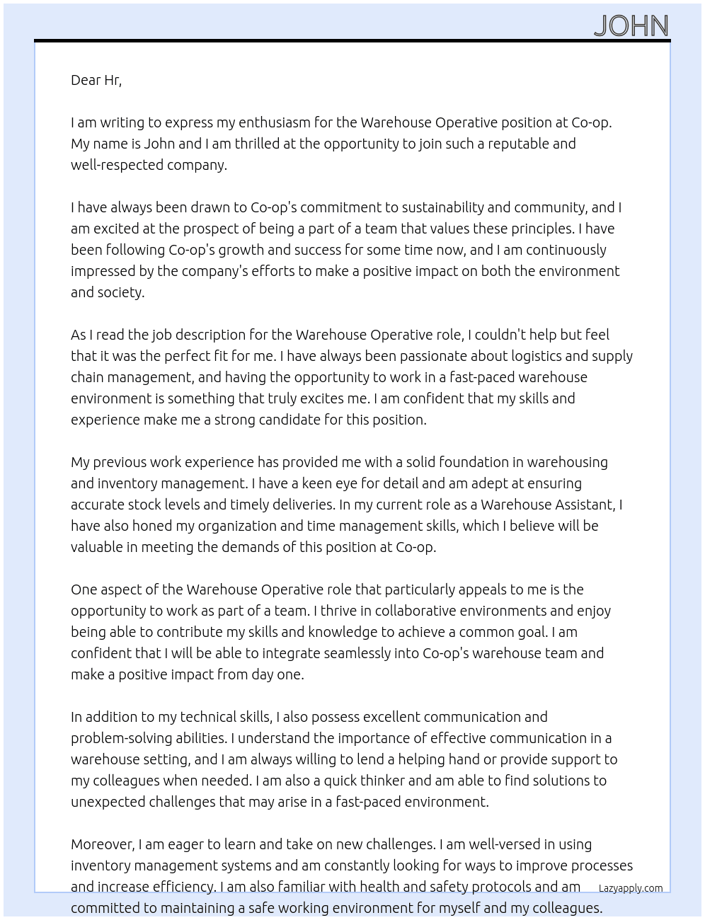 Warehouse Operative  At Co-op Cover Letter
