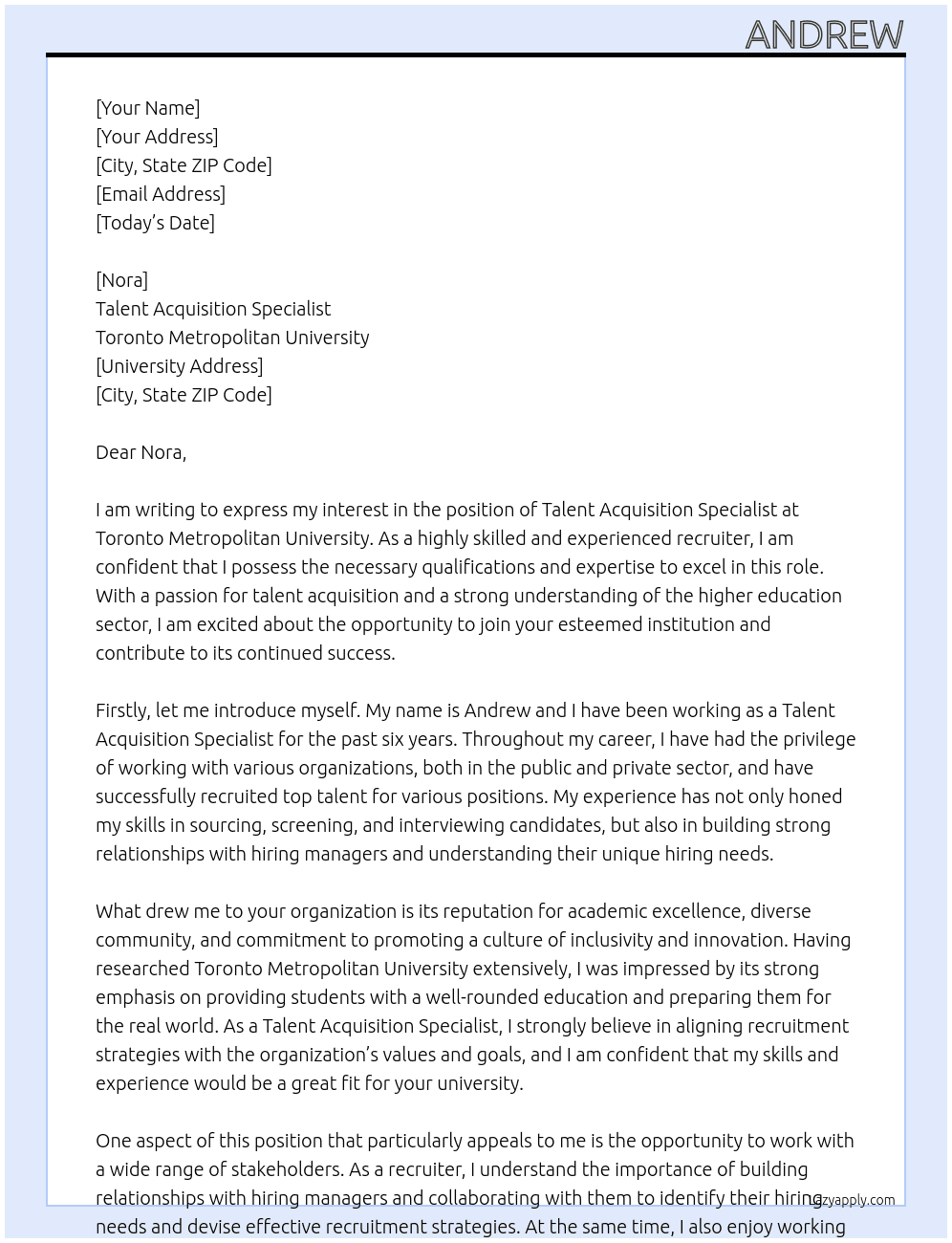 Talent Acquisition Specialist  At Toronto Metropolitan University Cover Letter