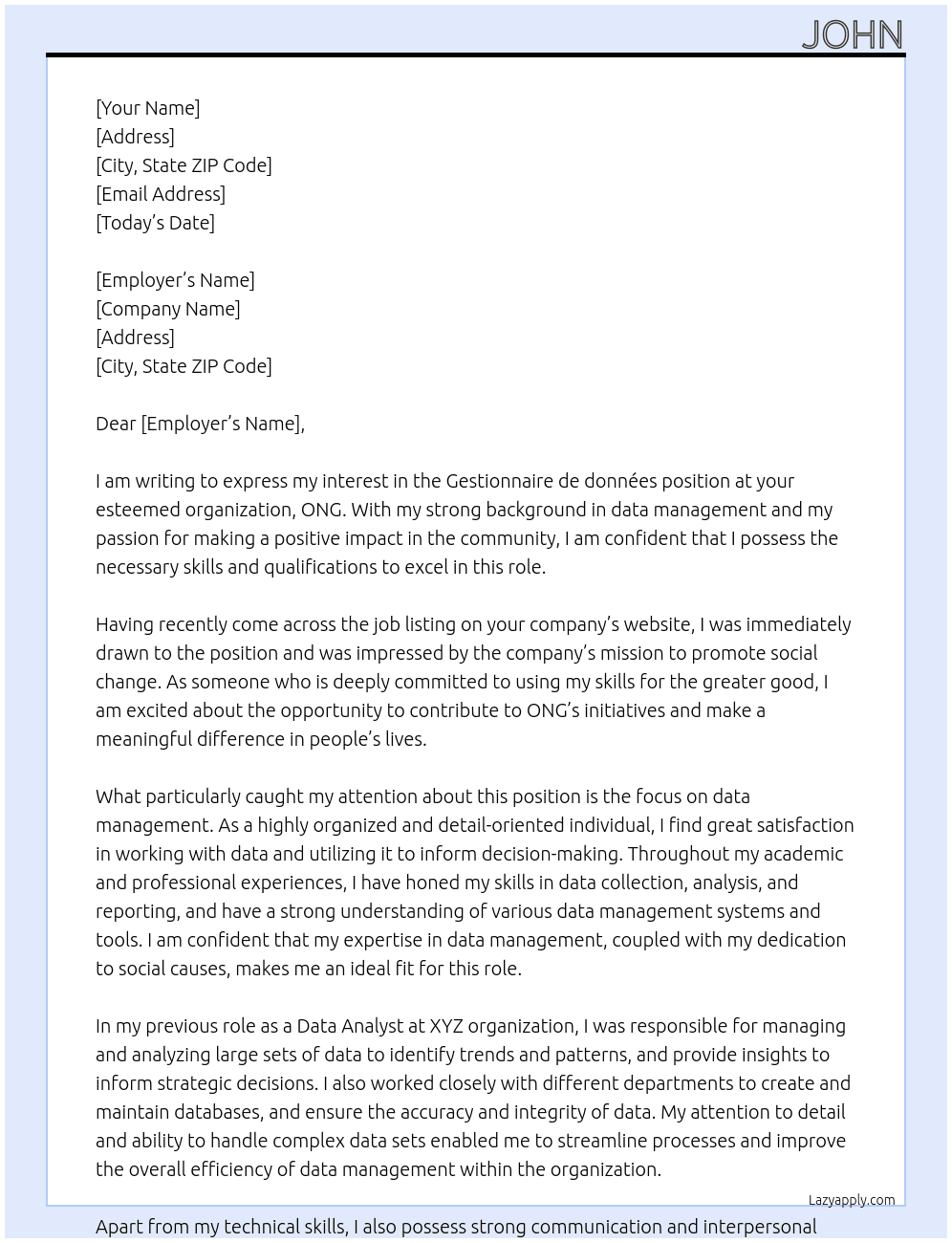 Gestionnaire de données  At ONG Cover Letter
