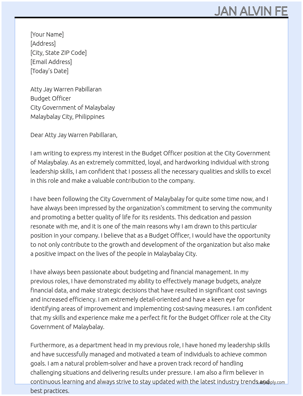BUDGET OFFICER At CITY GOVERNMENT OF MALAYBALAY Cover Letter