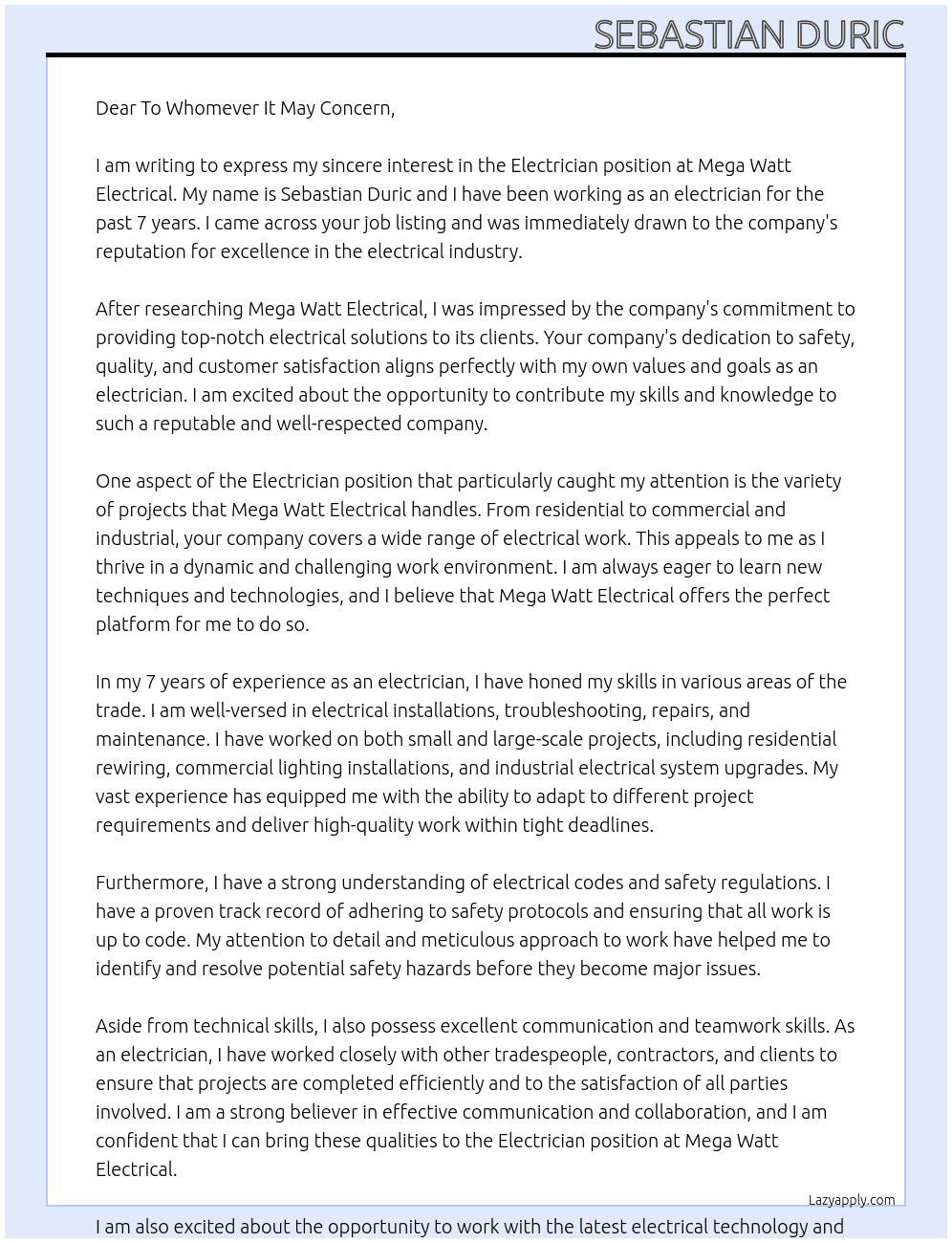 Electrician At Mega Watt Electrical Cover Letter