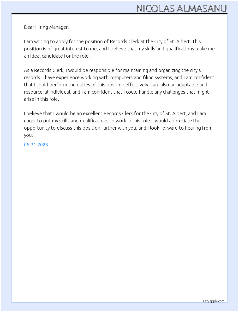  Records Clerk At City of St. Albert Cover Letter
