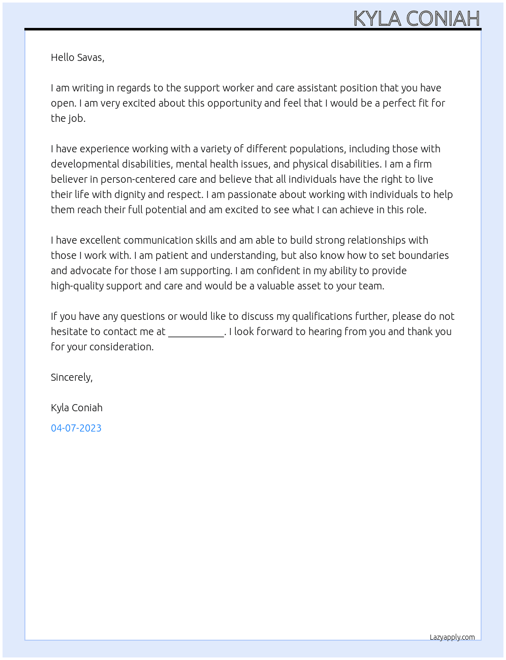 support workers and care assistants  At Savas Cover Letter