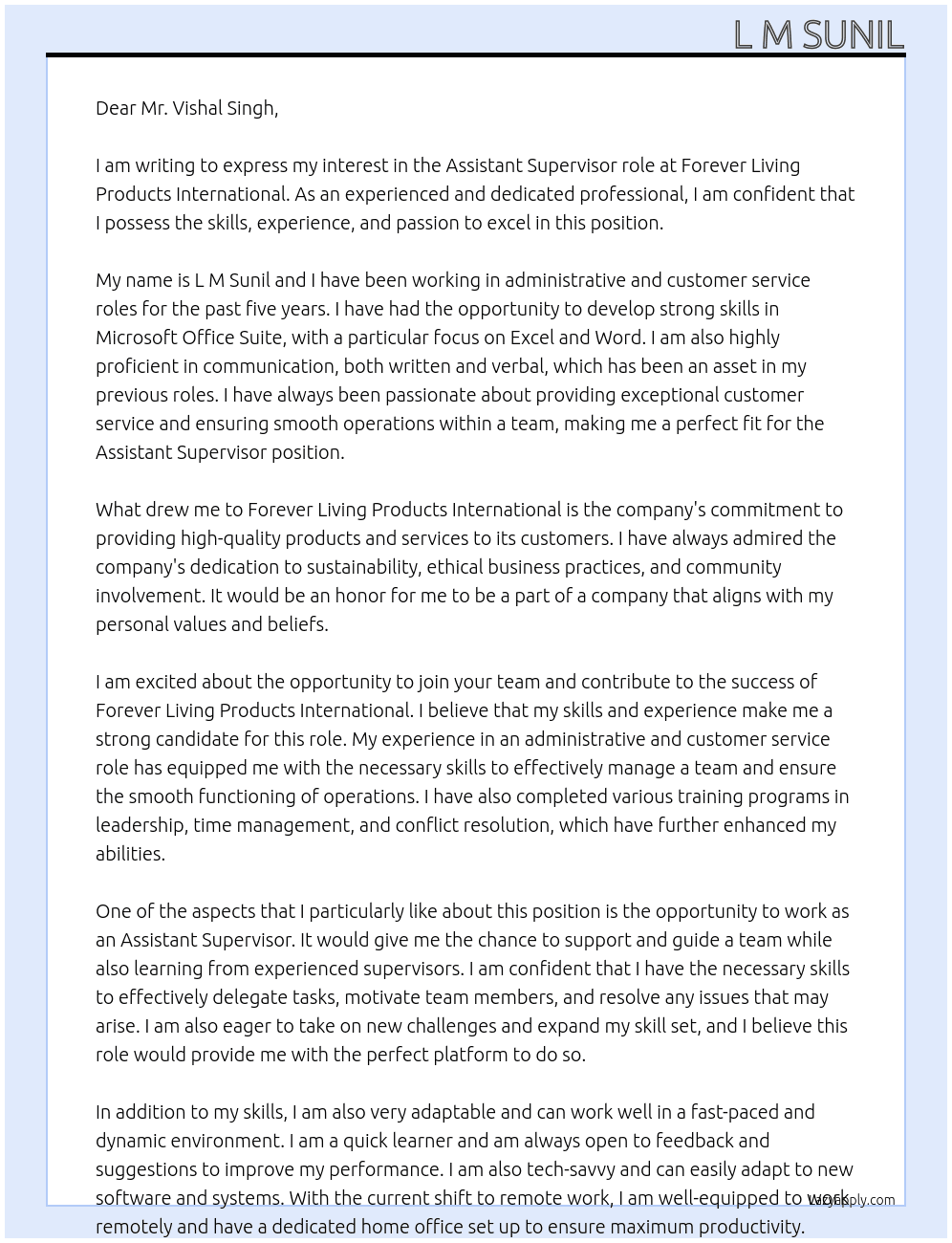 Assistant Supervisor At Forever living products International Cover Letter