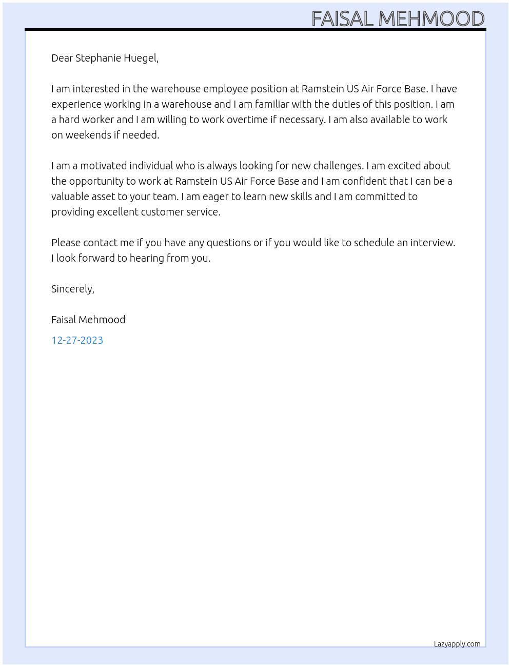 Warehouse employee At Ramstein US Air Force Base Cover Letter