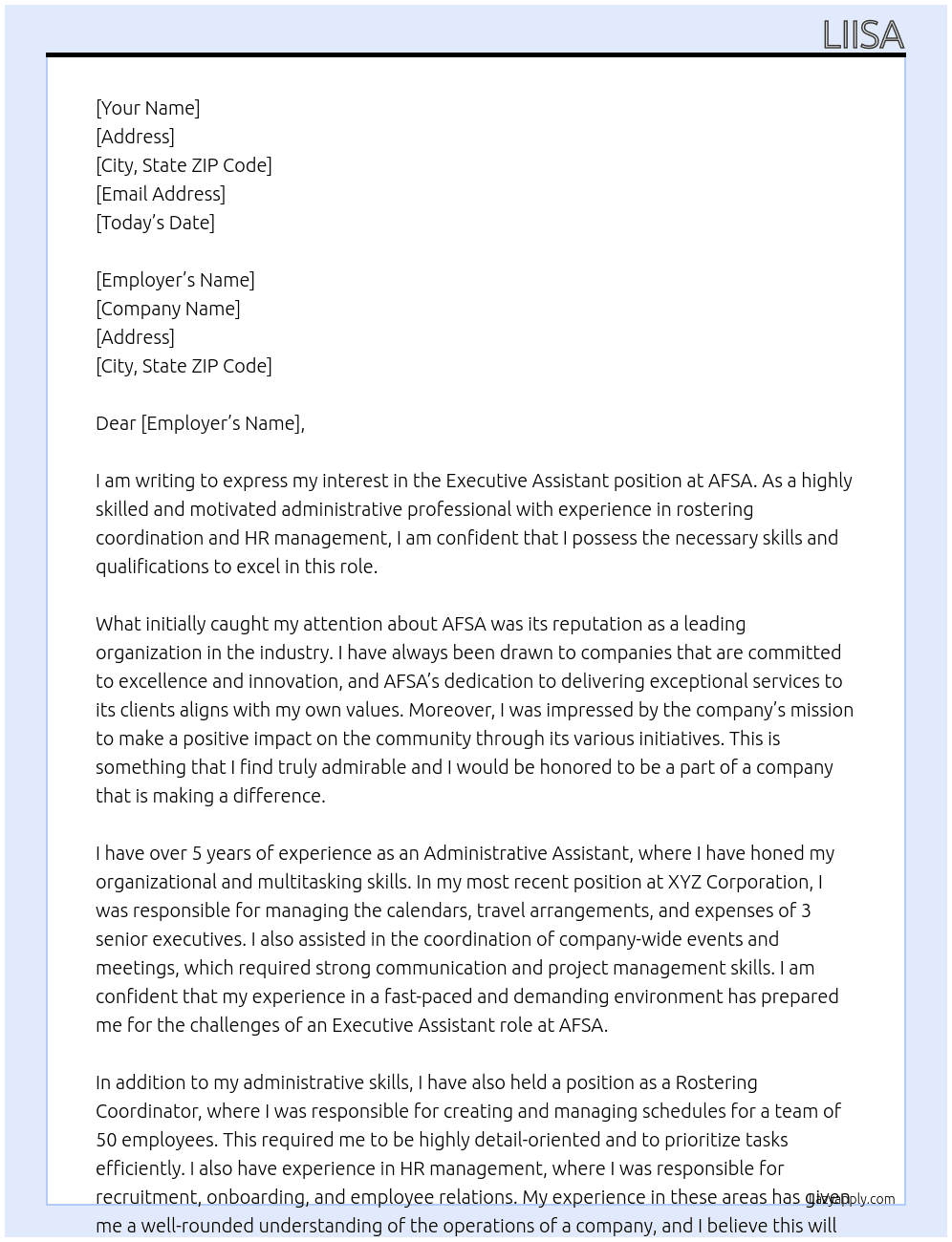 Executive assistant  At AFSA Cover Letter