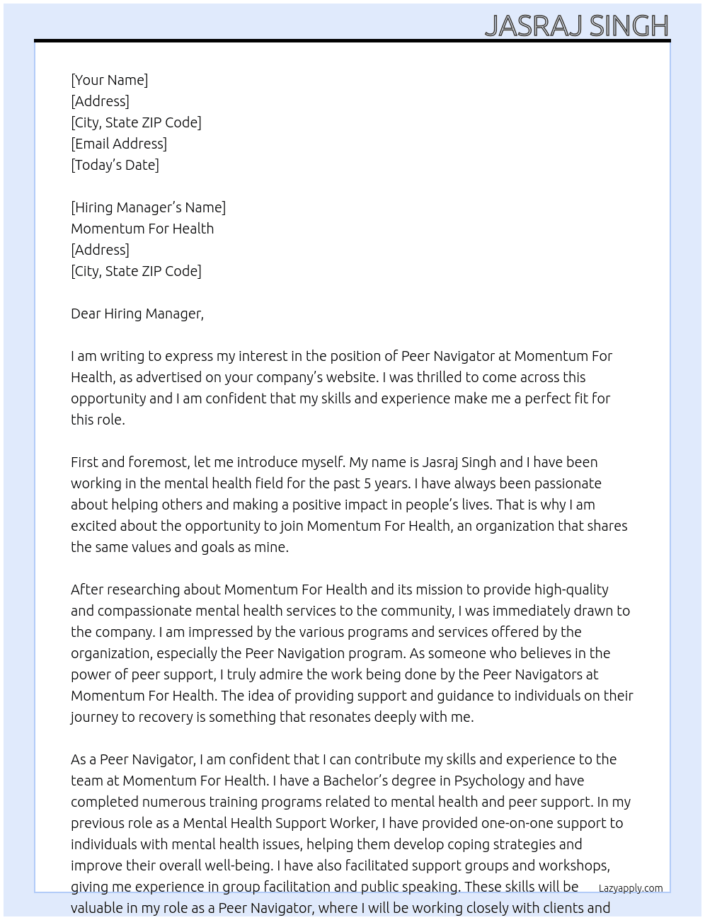 Peer Navigator  At Momentum For Health Cover Letter
