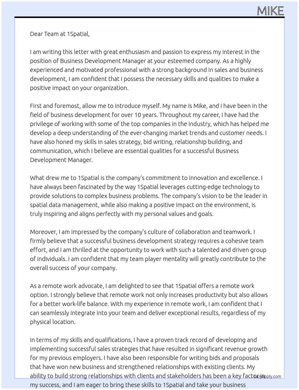 business development manager At 1Spatial Cover Letter