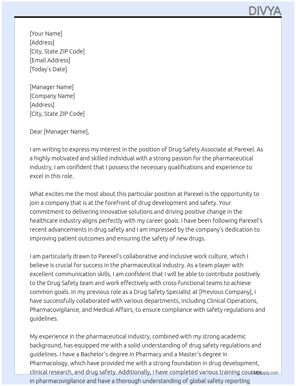 drug safety associate At parexel Cover Letter