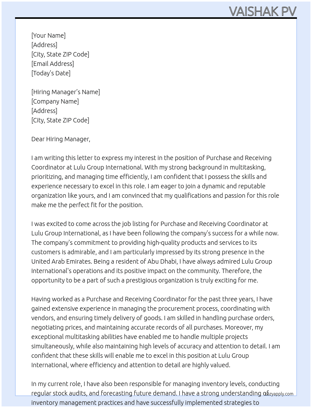 Purchase and receiving Coordinator At Lulu group international Cover Letter