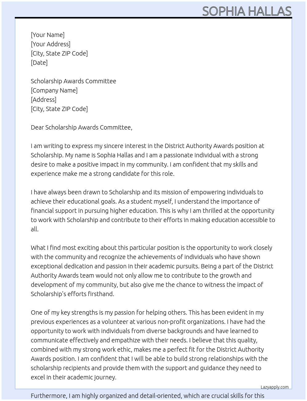 DISTRICT AUTHORITY AWARDS  At Scholarship  Cover Letter
