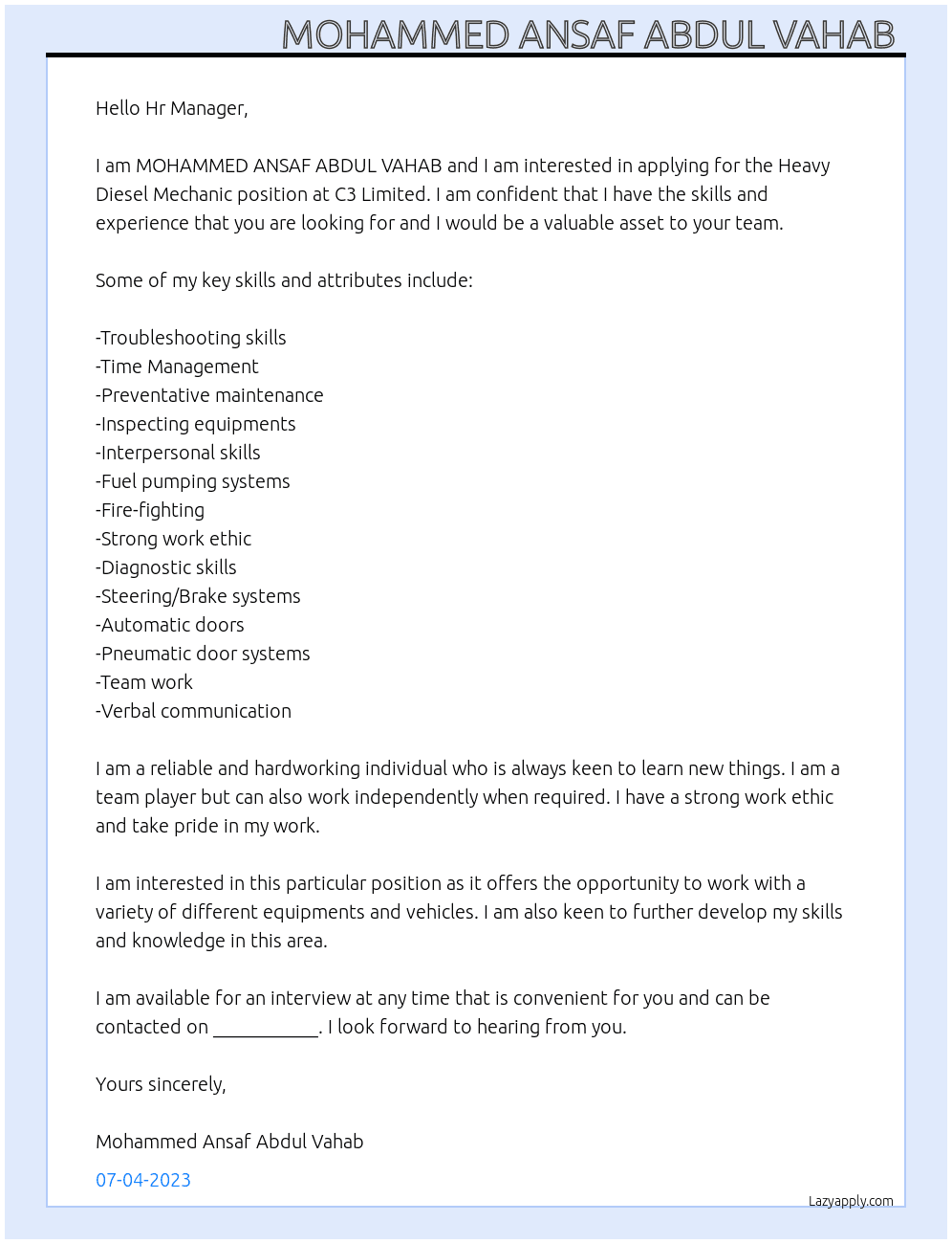 Heavy Diesel Mechanic  At C3 Limited  Cover Letter
