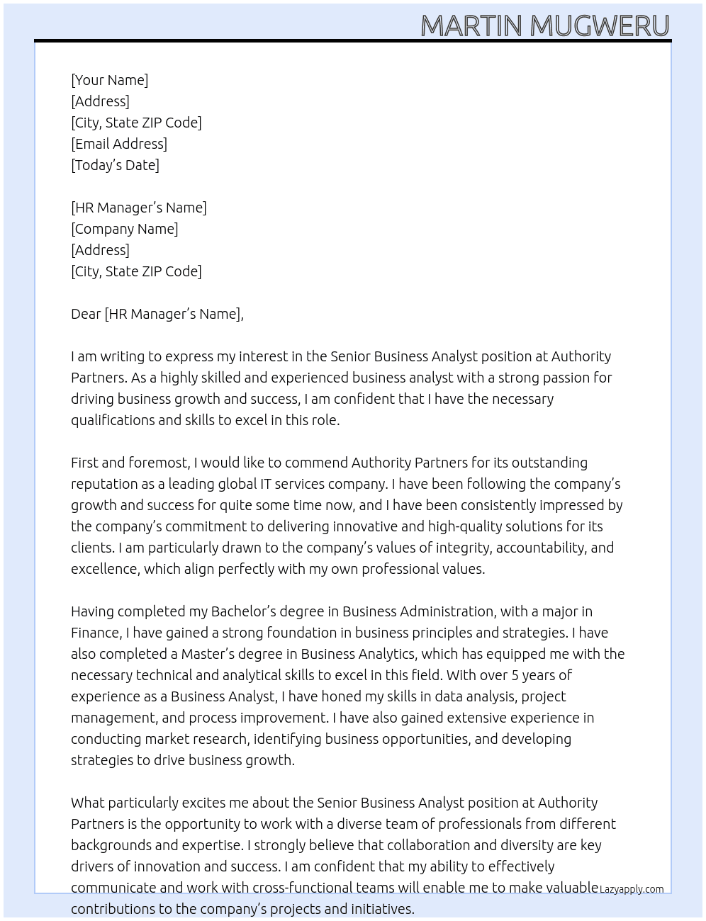 senior business analyst At authority partners Cover Letter