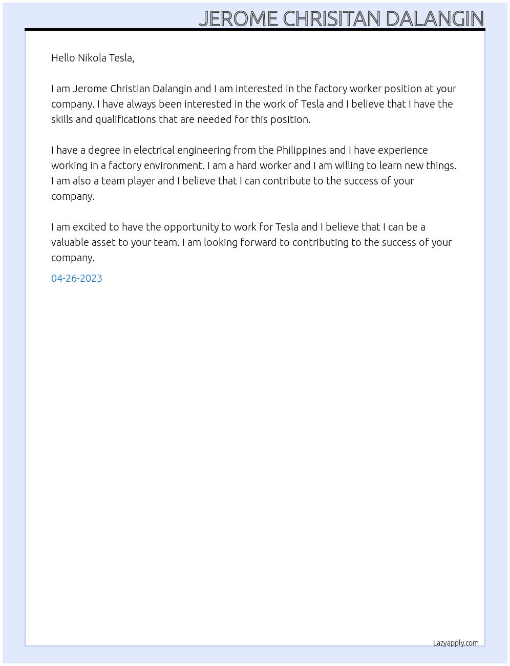 factory worker At tesla group of company Cover Letter