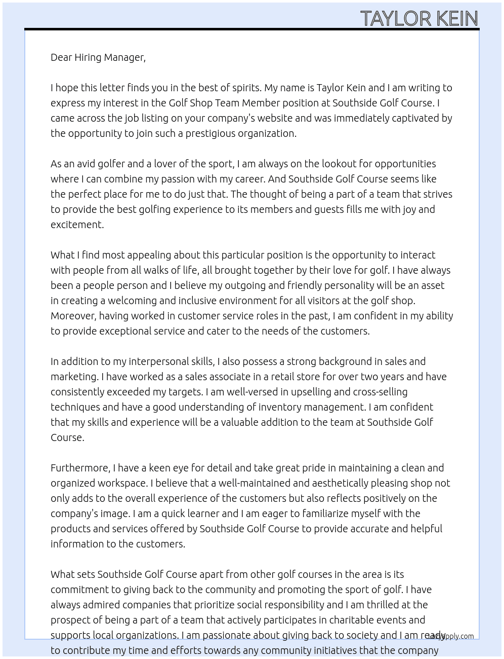 Golf Shop Team Member  At Southside Golf Course Cover Letter