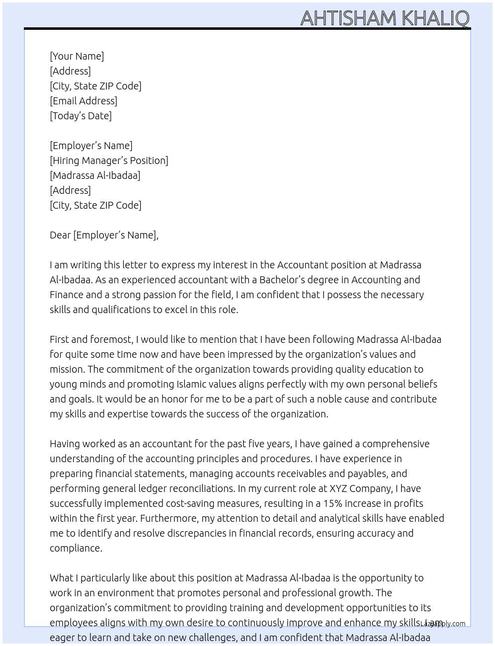 accountant At madrassa al-ibadaa Cover Letter