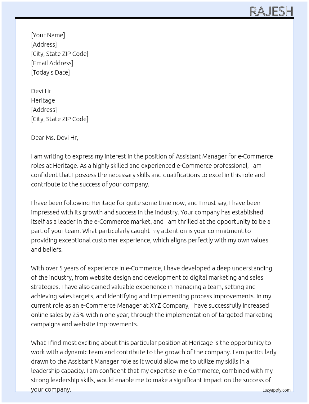 e-Commerce Roles -AssitantManager At Heritage Cover Letter