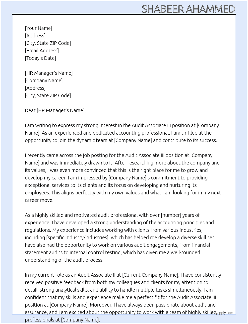 Audit associate III At KRGN Chartered Accountants Cover Letter