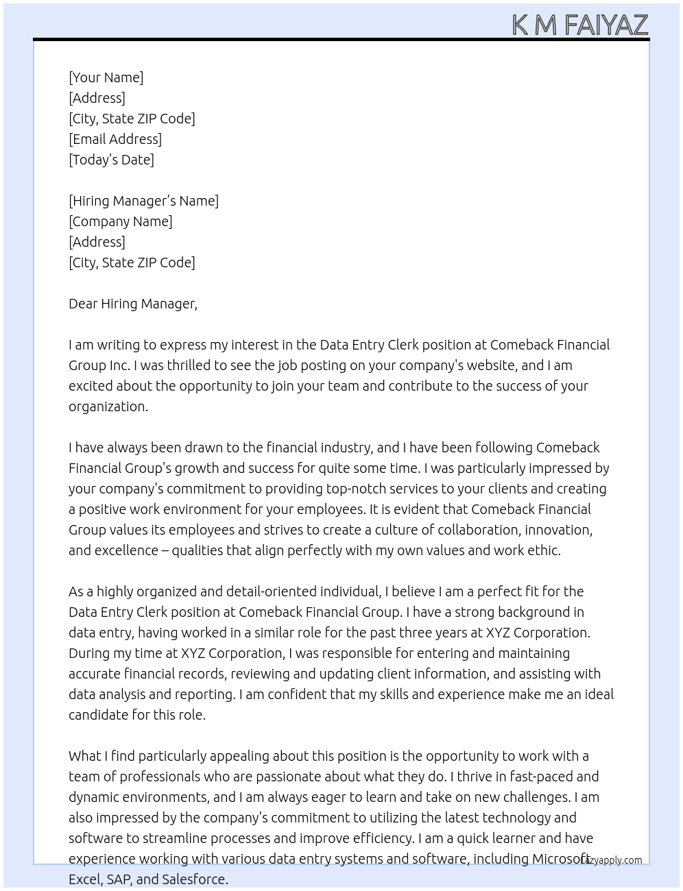 Data Entry Clerk At COMEBACK FINANCIAL GROUP INC.  Cover Letter