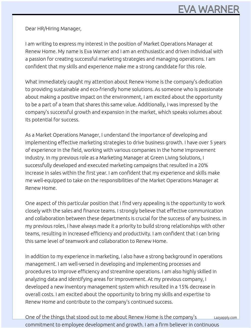 market operations manager At Renew Home Cover Letter